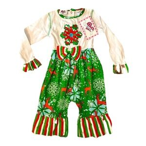 NWT Ann Loren Christmas  Sz 12-18m Romper reindeer Snowflake Ruffle Longsleeve